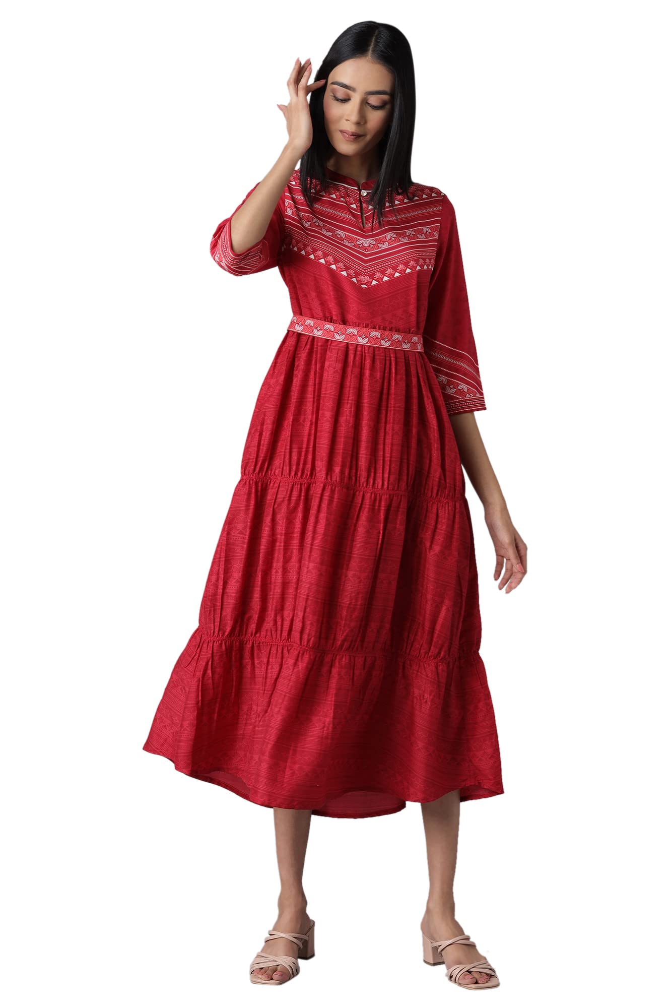 Aurelia Womens Polyester Red Printed Dress Midi (22FEA12956-504731 XS)
