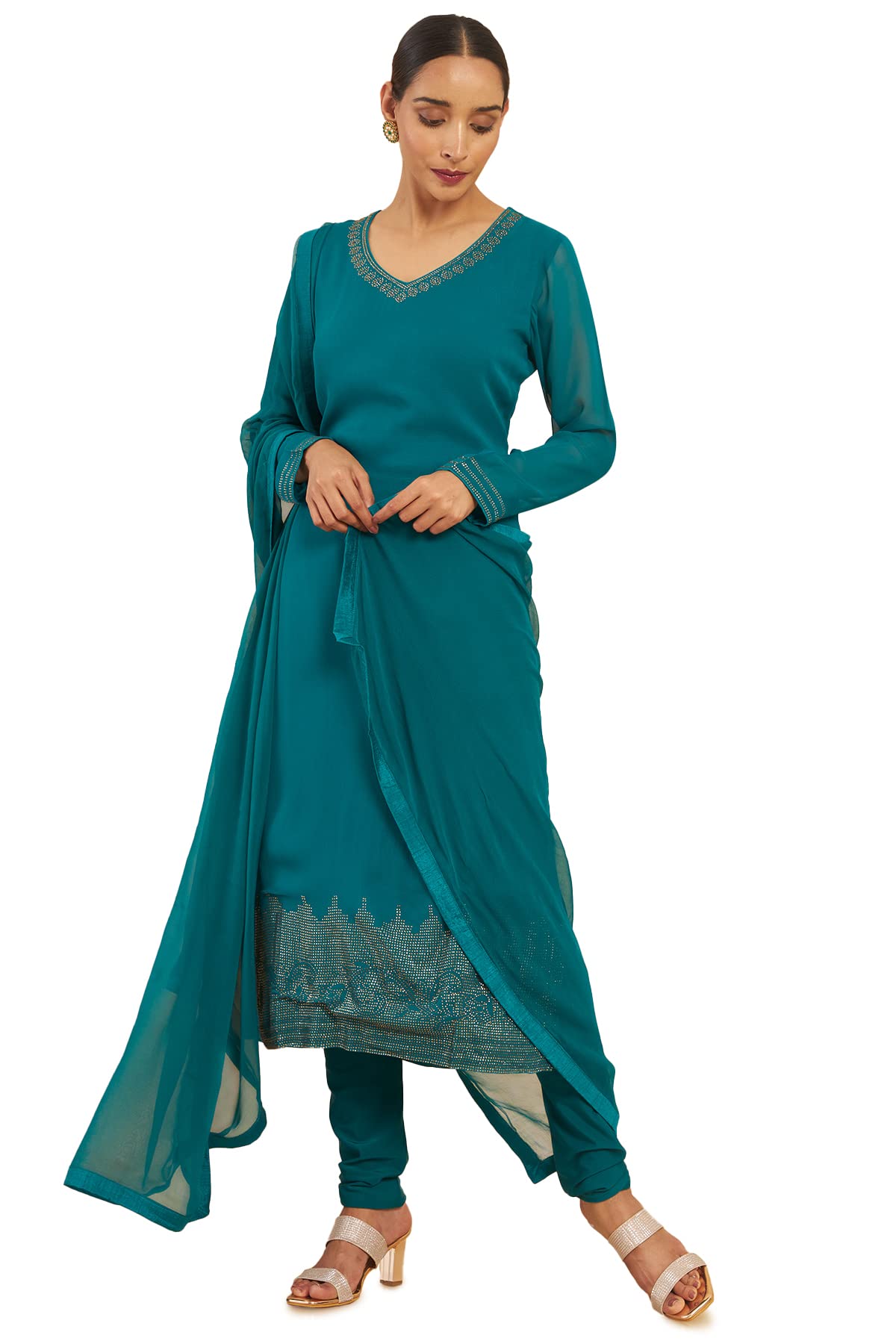 Soch Women Green Solid Georgette Kurta Set