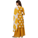 Ishin Women'S Mustard Embroidered A-Line Kurta Set With Sharara And Dupatta