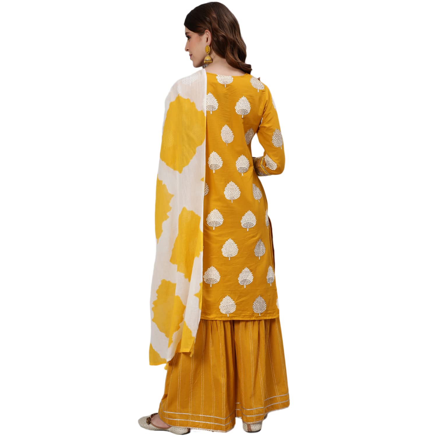 Ishin Women'S Mustard Embroidered A-Line Kurta Set With Sharara And Dupatta