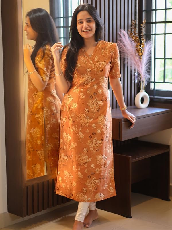 24 Carat Suit WomenS Chanderi Straight Kurti With Floral Print Elbow Length Sleeves Regular Fit V Neck And Calf Length