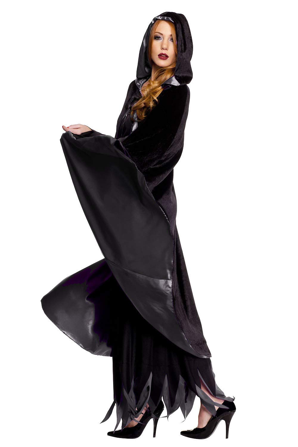 Music Legs 70112-BLACK Reversible Velvet & Satin Full Length Hooded Cape Accessories - Black