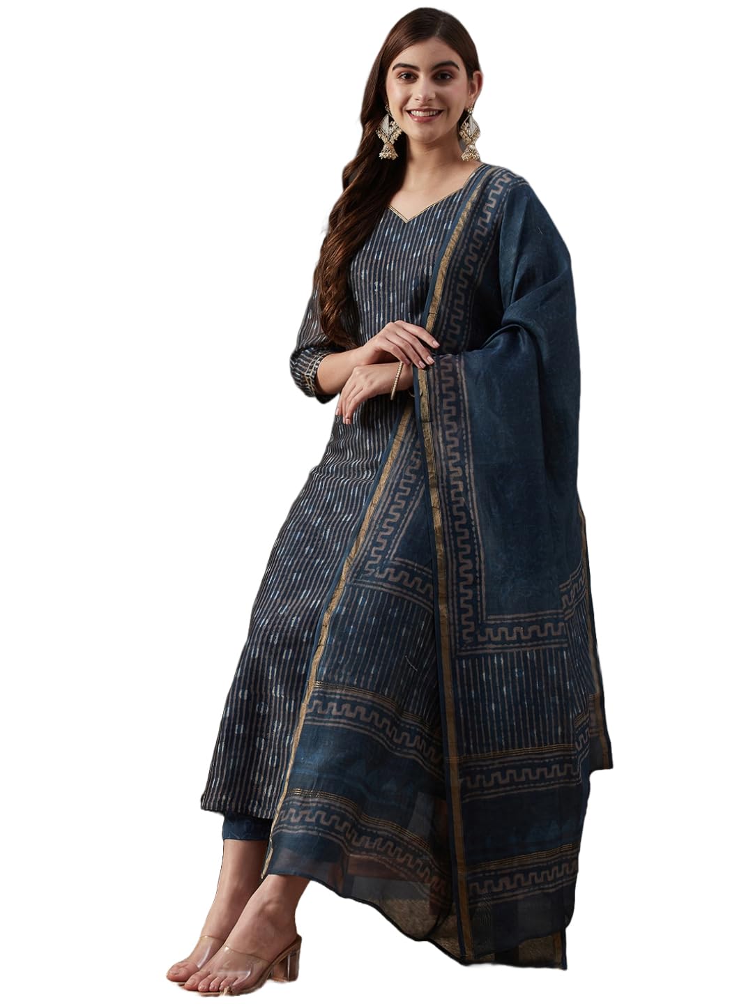 ANNI DESIGNER Womens Cotton Blend Straight Printed Kurta with Pant & Dupatta (Kabala Blue_XXL_Blue_XX-Large)