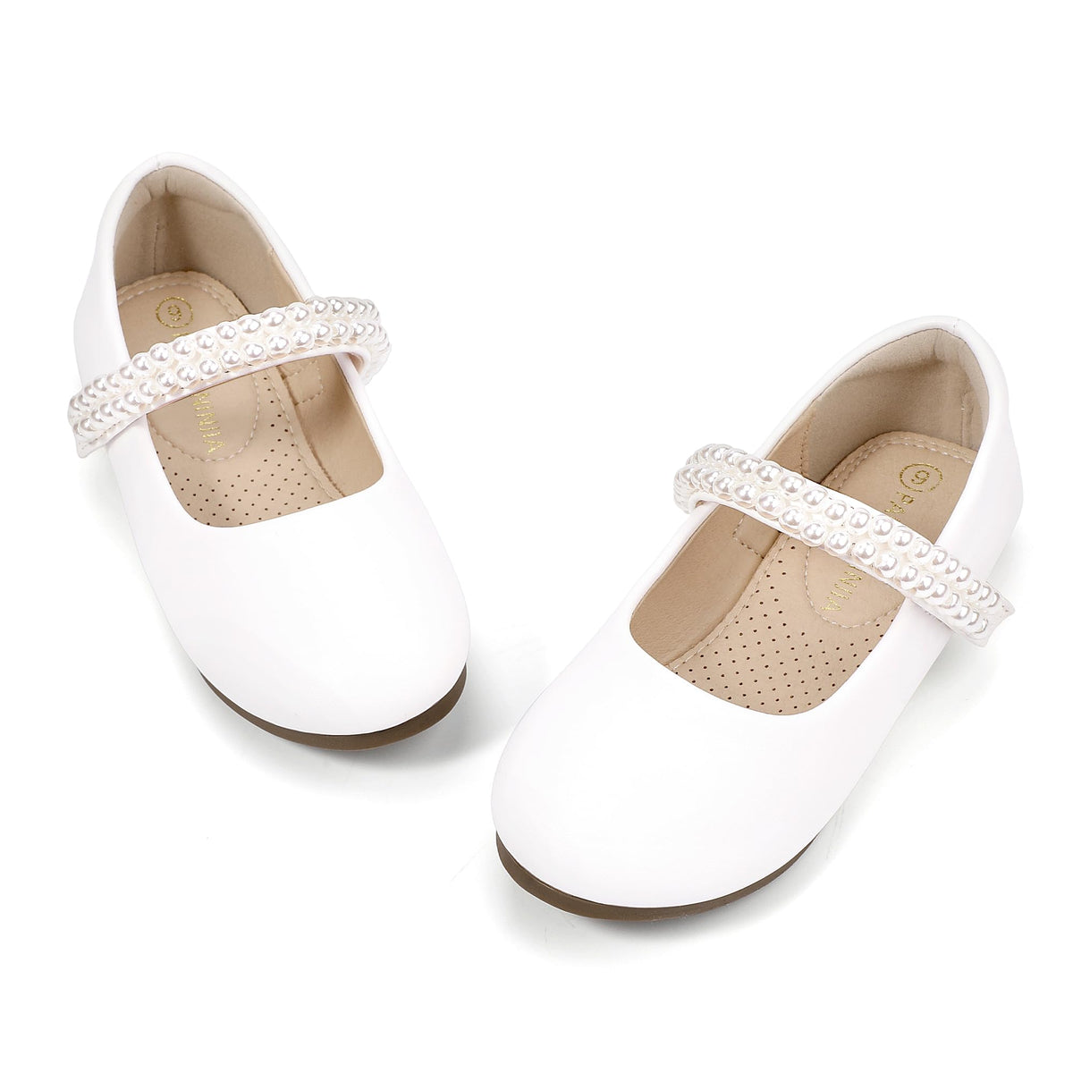 PANDANINJIA Flower Girl Shoes Toddler Little Kid Ballet Flats Pearls Wedding Party Mary Jane Girls Dress Shoes, White Pu, 13 Lit 13