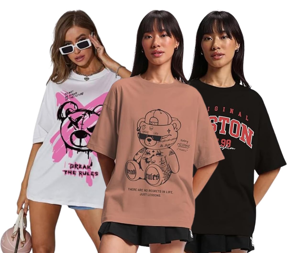 Juneberry Pure Cotton Oversized Loose Baggy Fit Drop Shoulder Half Sleeve Cool Front & Back Graphic Printed Round Neck T-Shirt F