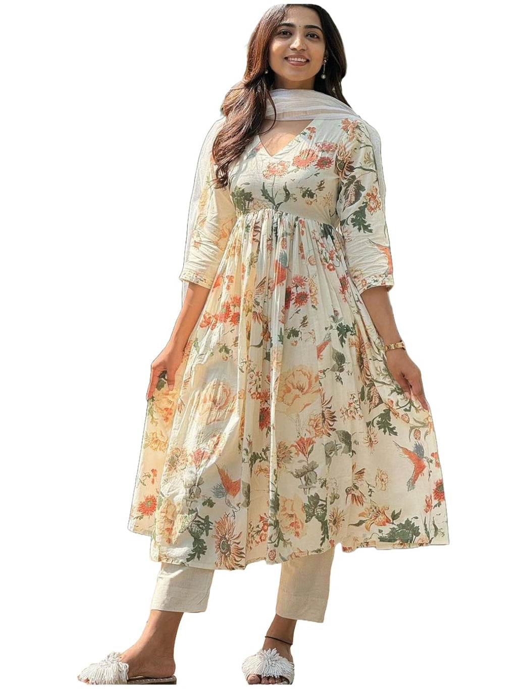 ANNI DESIGNER Womens Rayon Blend Printed Anarkali Kurta with Pant & Dupatta (Sudan Cream_3XL_Cream_XXX-Large)