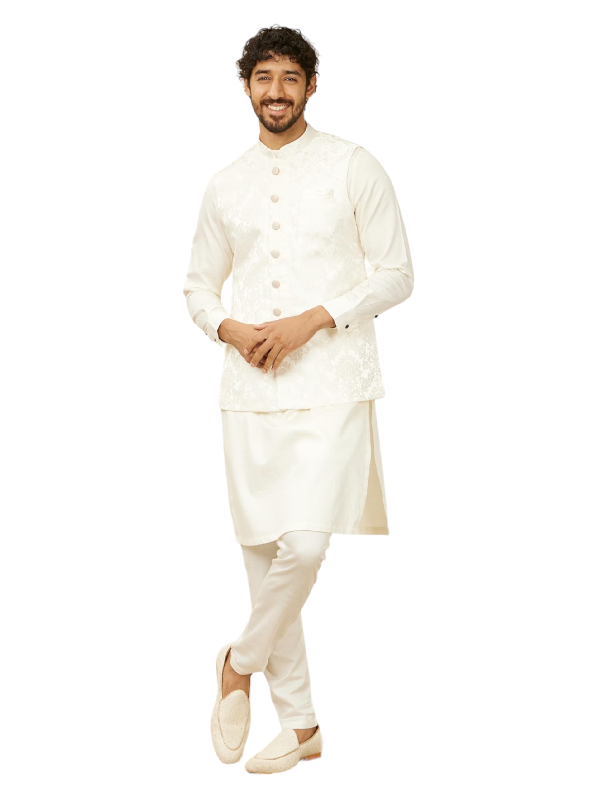 Manyavar Warm White Brocade Jacquard|Self Design Jackets for Men