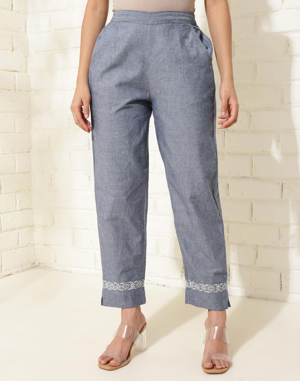 Fabindia Blue Cotton Chikankari Tapered Casual Pant