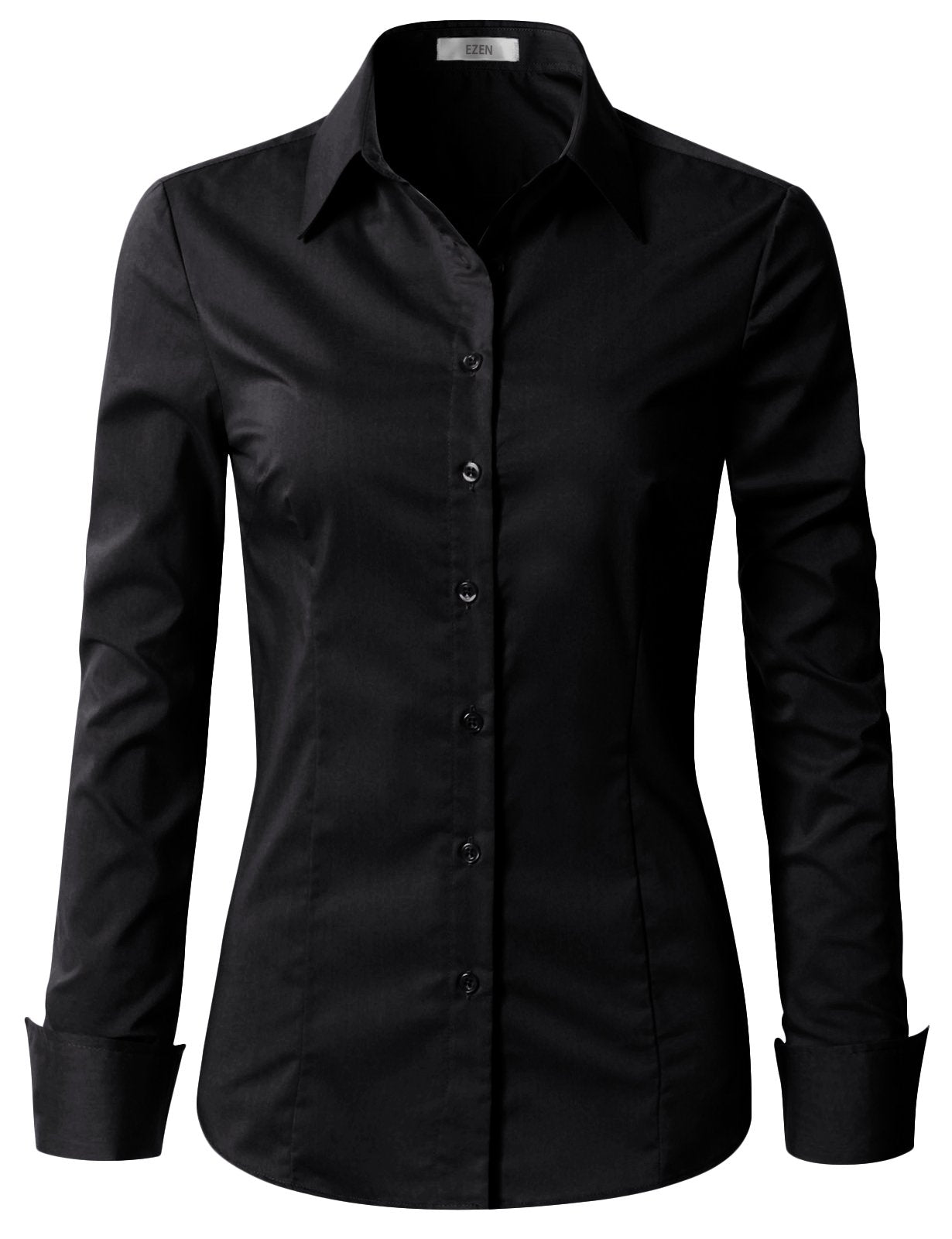 EZEN Womens Slim-Fit Long-Sleeve Stretchy Button-Down Collared Shirt Blouse (WBDS003-BLACK-L)