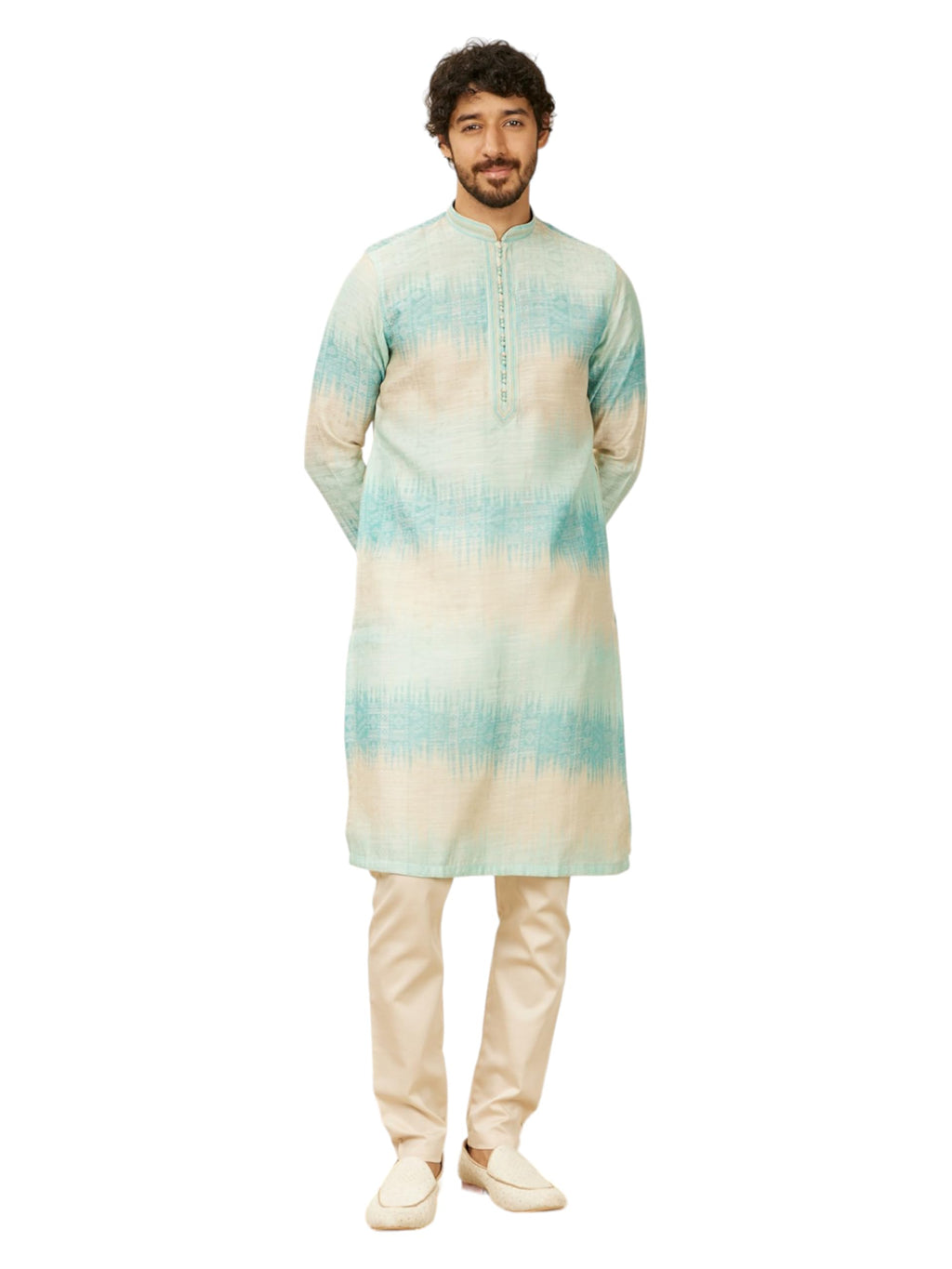 Manyavar Aqua Green Art Silk Embroidery|Zari Weave Kurta Pyjama Set for Men