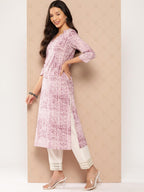 Lavender Stripe Printed V-Neck Embellished With Triangular Lace, Three Quarter Sleeves With Gota Lace Detail, Straight Kurta With Side Slits