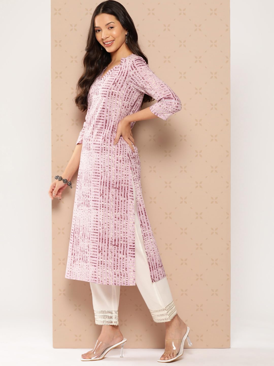 Lavender Stripe Printed V-Neck Embellished With Triangular Lace, Three Quarter Sleeves With Gota Lace Detail, Straight Kurta With Side Slits