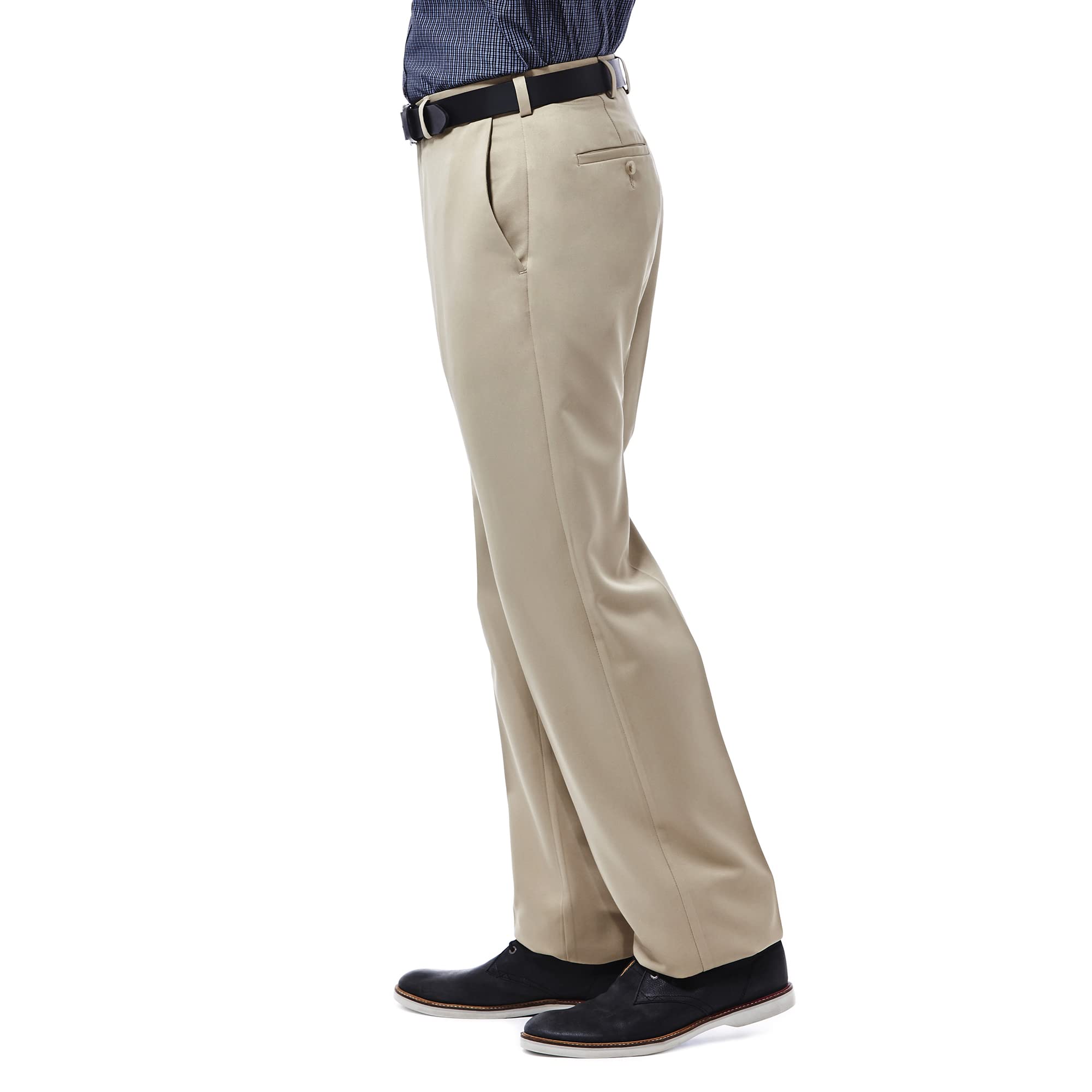 Haggar mens Cool 18 Stria Hidden Expandable Waistband Plain Front casual pants, British Khaki, 38W x 30L US