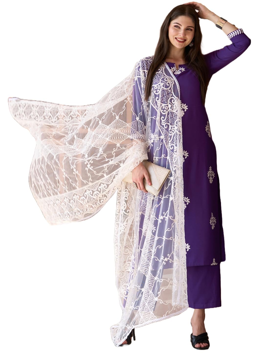 Gosriki Women'S Cotton Blend Straight Embroidered Kurta With Palazzo & Dupatta (Ditto Begni-Gs_M_Blue_Medium)