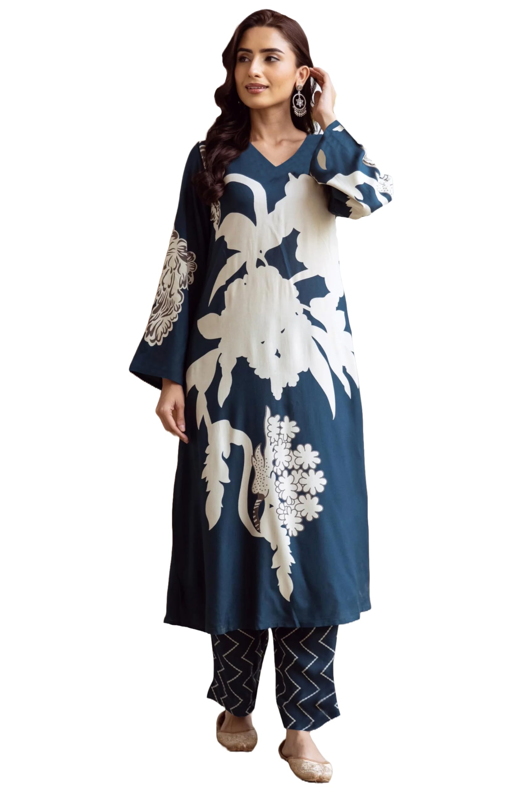 ANNI DESIGNER Womens Cotton Blend Straight Printed Kurta with Palazzo (Cukari Blue_L_Blue_Large)