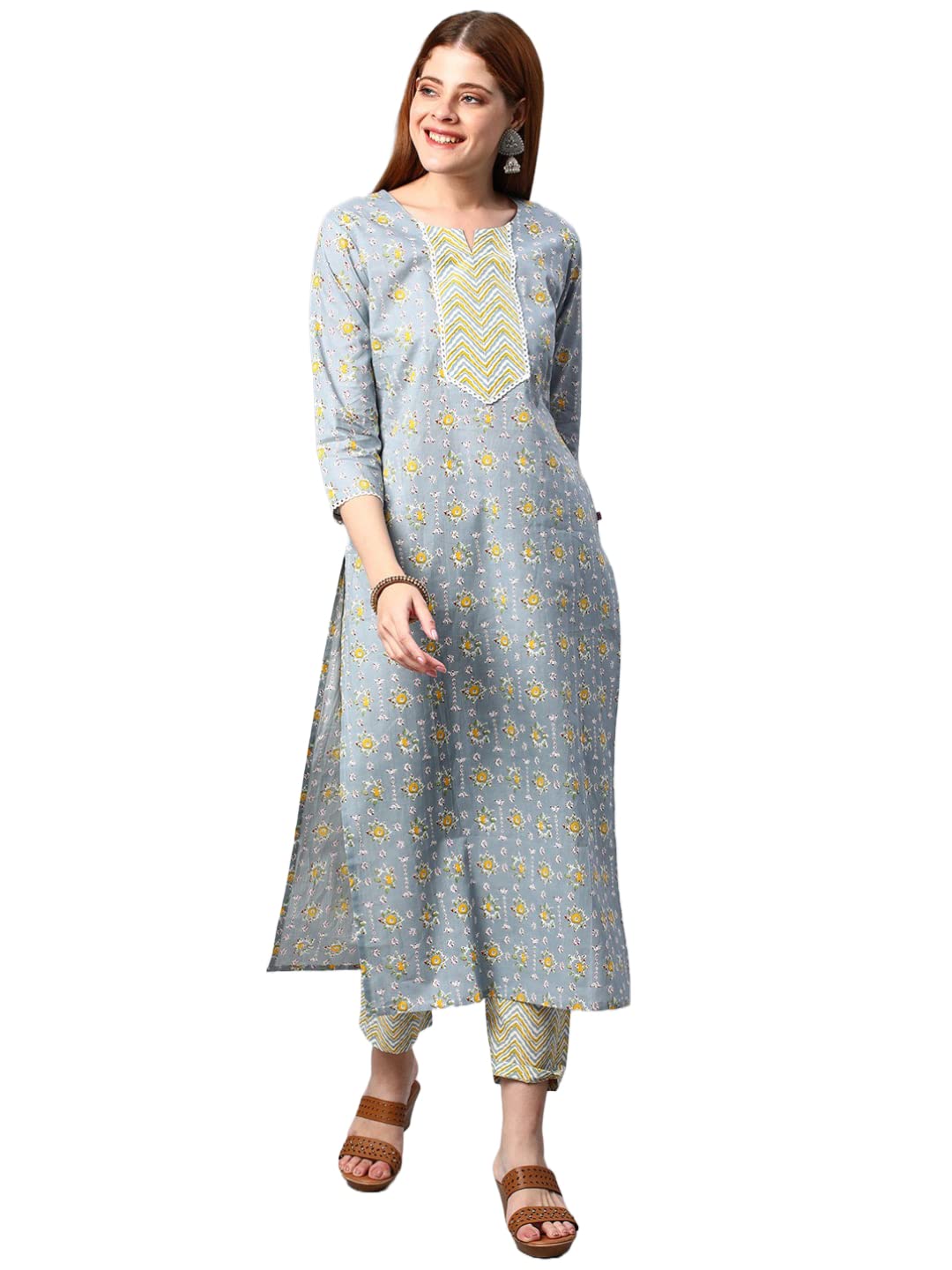ANNI DESIGNER Womens Cotton Blend Traditional Straight Printed Kurta and Pant Set (Mikaa Grey_M_Grey_Medium)