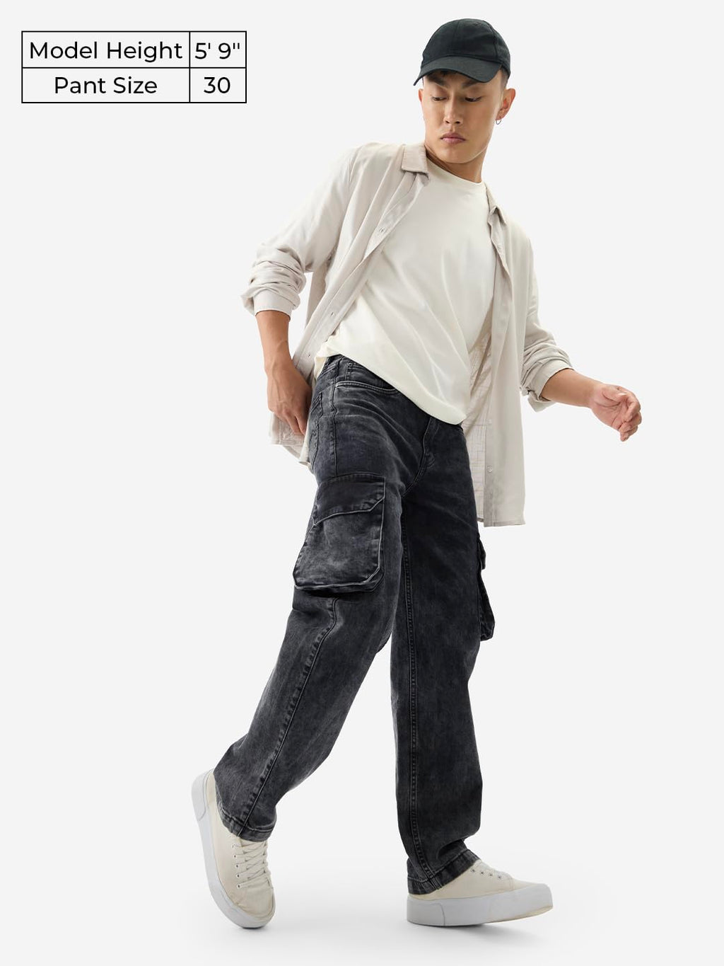 The Souled Store Solids: Stone Grey Men and Boys Buttoned Straight Fit Cargo Jeans