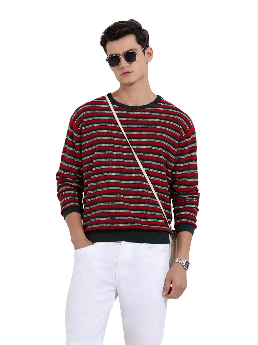 The Indian Garage Co Mens Oversized Fit Striped Long Sleeves Crew Neck Flat Knit Sweater