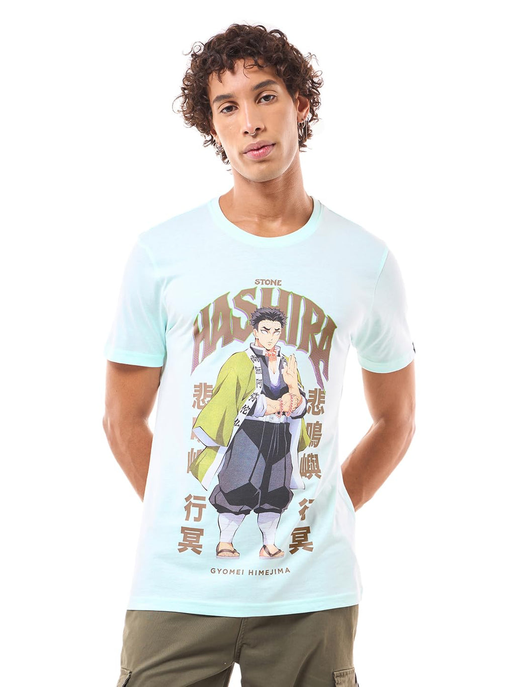 Bewakoof Official Demon Slayer Merchandise Stone Hashira Mens Graphic Printed Regular Fit Half Sleeve Round Neck Pure Cotton T-