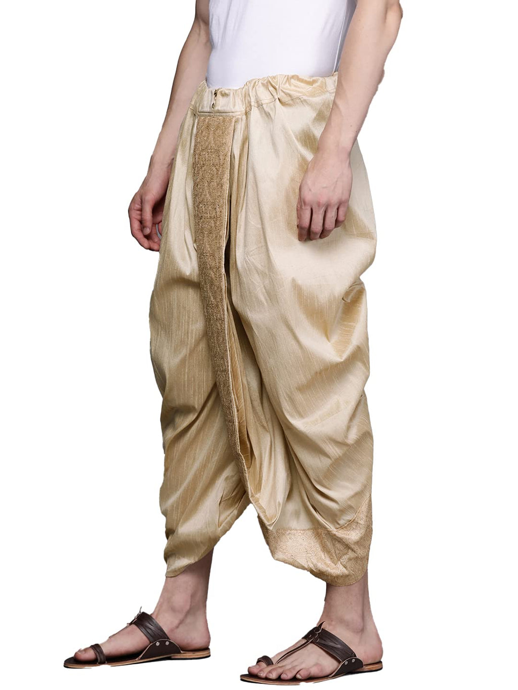 Manyavar Mens Fawn Art Silk Solid Dhotis