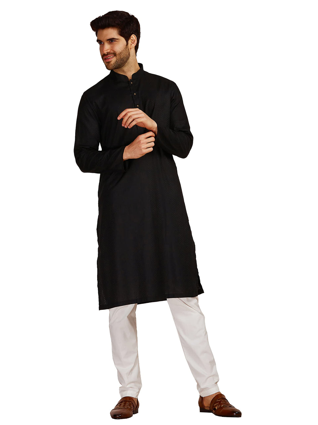 Manyavar Black All Over Self Design Full Sleeve Cotton Kurta Set | Traditional Kurta Set For Men (Xxl)