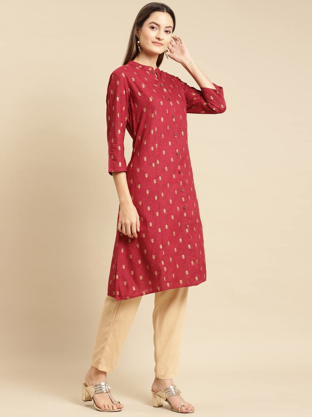 Rangita Maroon Rayon Knee Length Printed A-Line Kurti For Women | Kurta For Women