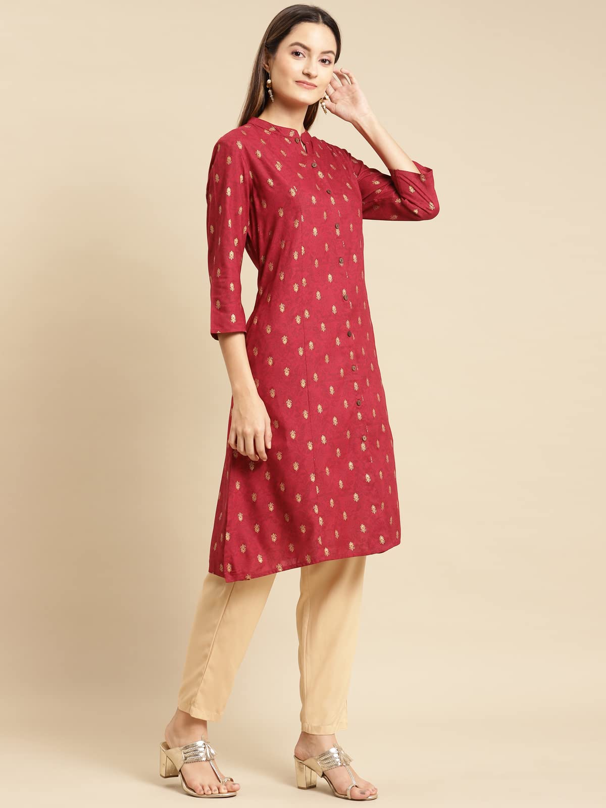 Rangita Maroon Rayon Knee Length Printed A-Line Kurti For Women | Kurta For Women