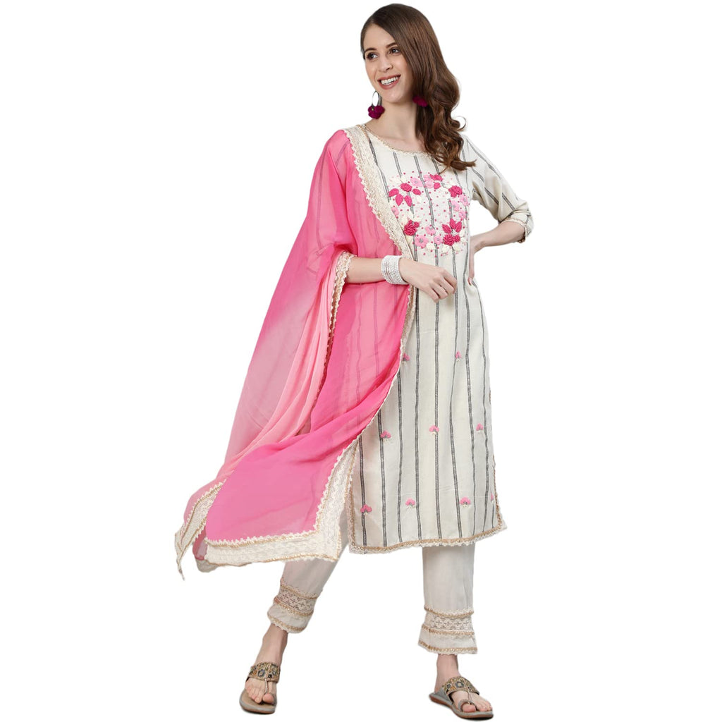Ishin Womens Pure Cotton Embroidered A-Line Kurta Suit Set With Dupatta & Pants Dhkpldpnk-13044_M_Off White