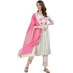 Ishin Womens Pure Cotton Embroidered A-Line Kurta Suit Set With Dupatta & Pants Dhkpldpnk-13044_M_Off White