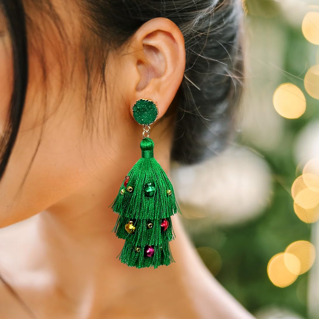 Me&Hz Cute Christmas Tree Earrings Dangle Drop Green Tassel Earrings Jingle Bell Ornament Christmas Earrings for Women Holiday E