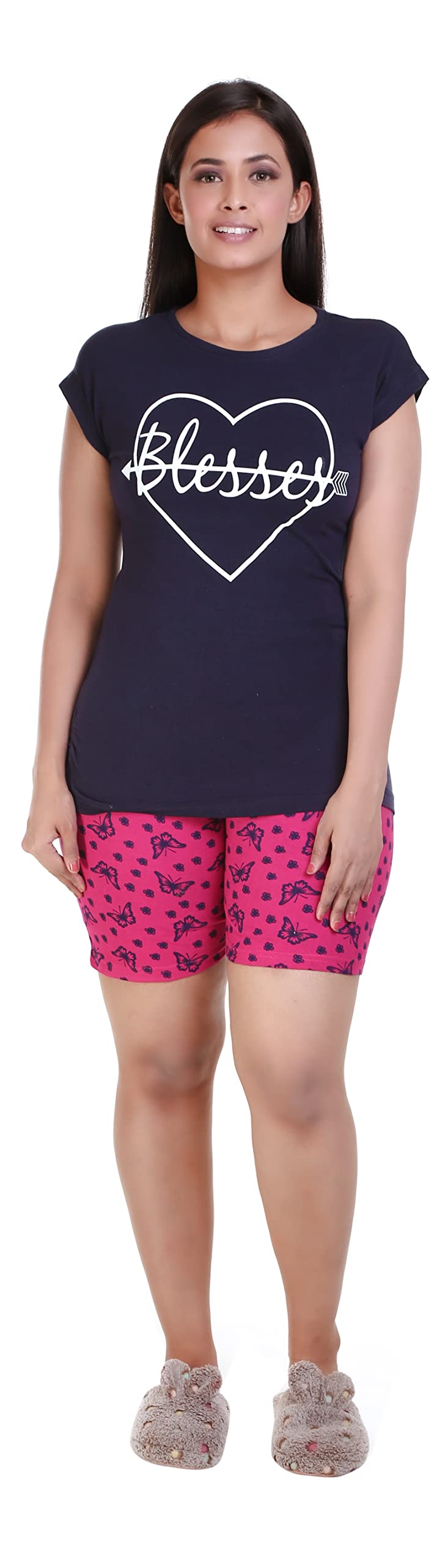MUKHAKSH (Pack of 1 Sets = 1 Top + 1 Shorts Girls Cotton Multicolour Tops + Shorts Nightwear Night Suit, Print May Varyvery Comf 17-18