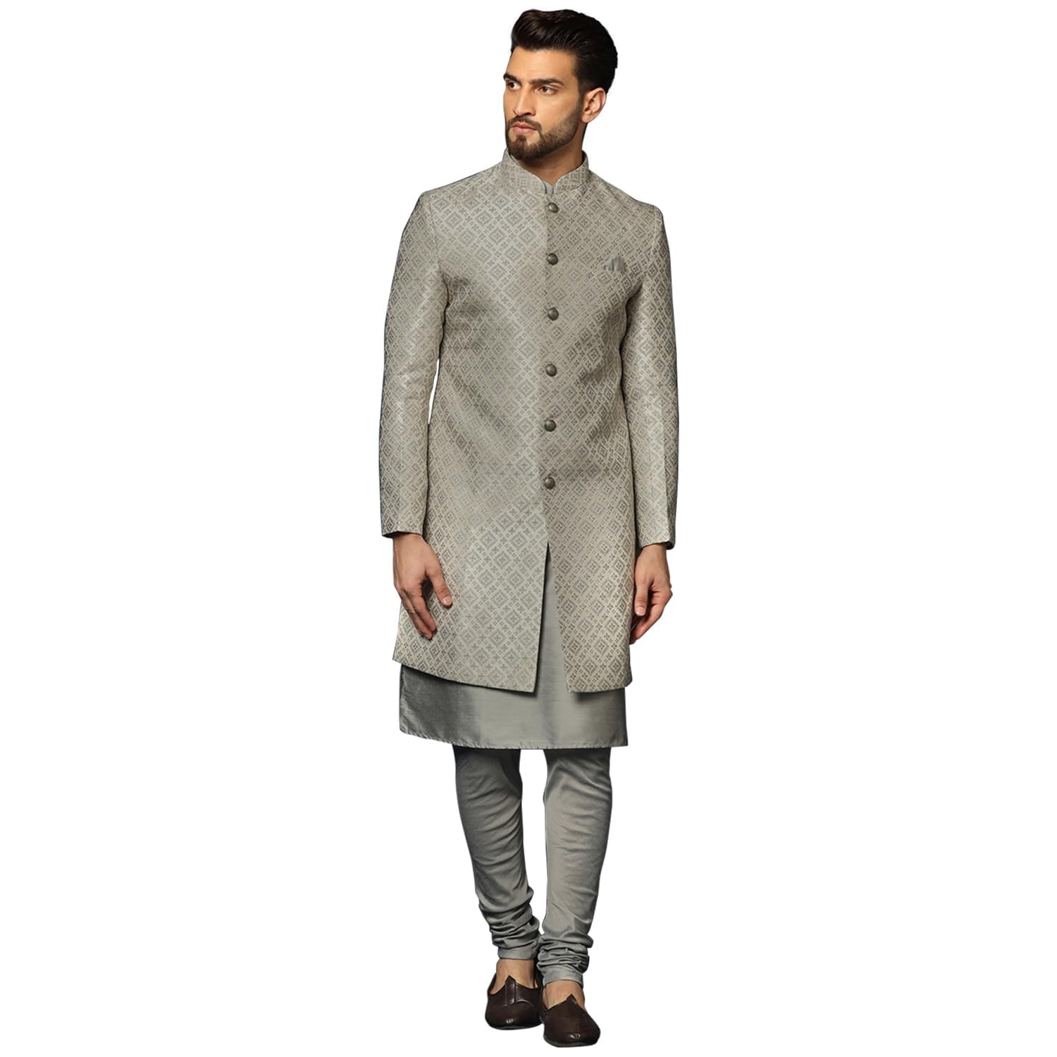 Kisah MenS Grey Indo-Western Kurta Sherwani Churidar Set Cotton Full Sleaves, Knee Length, Straight, Regular Fit, Mandarin Coll