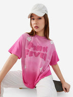 The Souled Store Pink Fever Women and Girls Short Sleeves Round Neck Pink Puff Printed Cotton Oversized T-Shirts