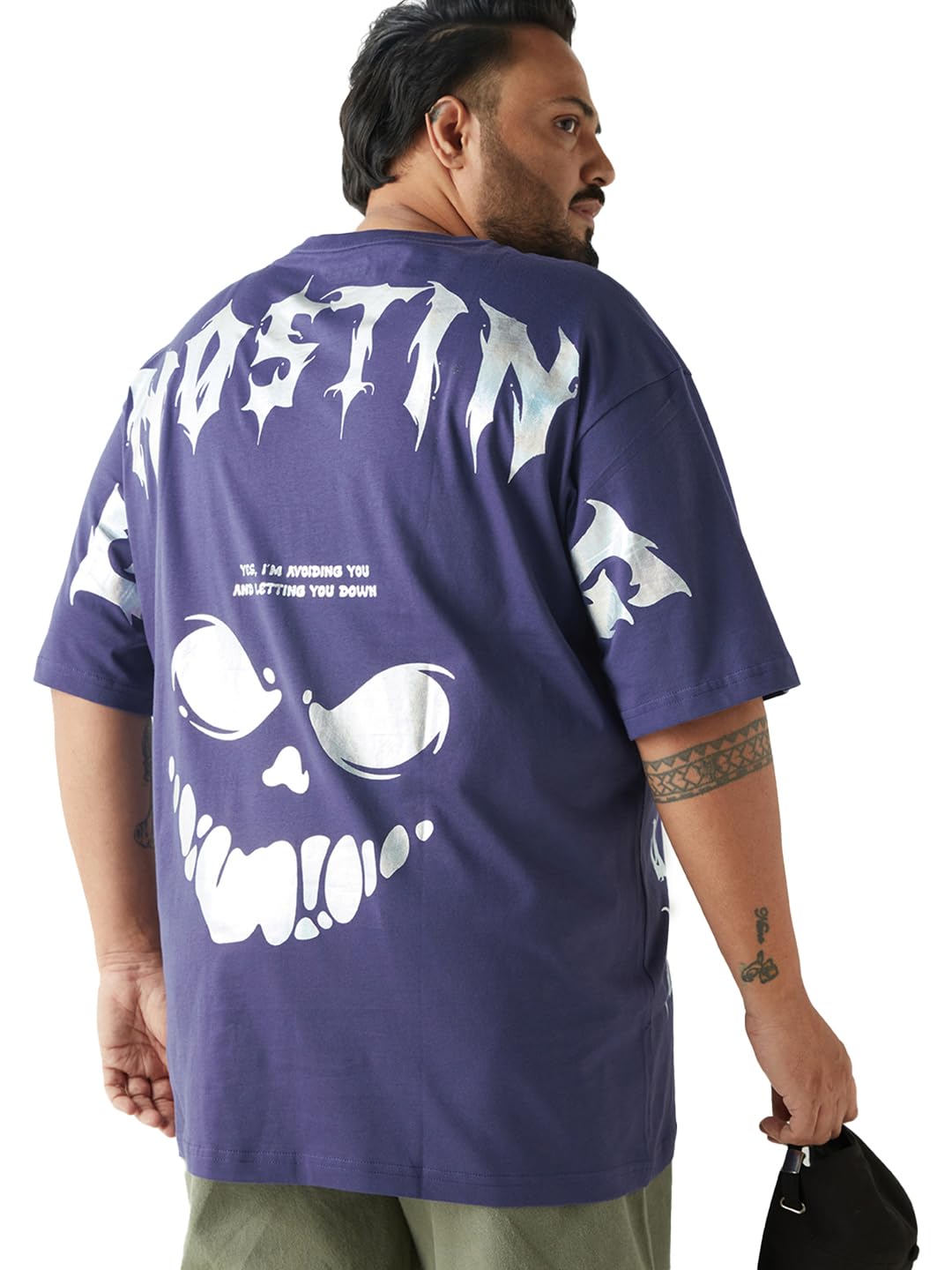 Bewakoof Mens Graphic Print Oversized Fit Half Sleeve Round Neck Cotton Jersey Plus Size T-Shirt_637372_Blue_5XL