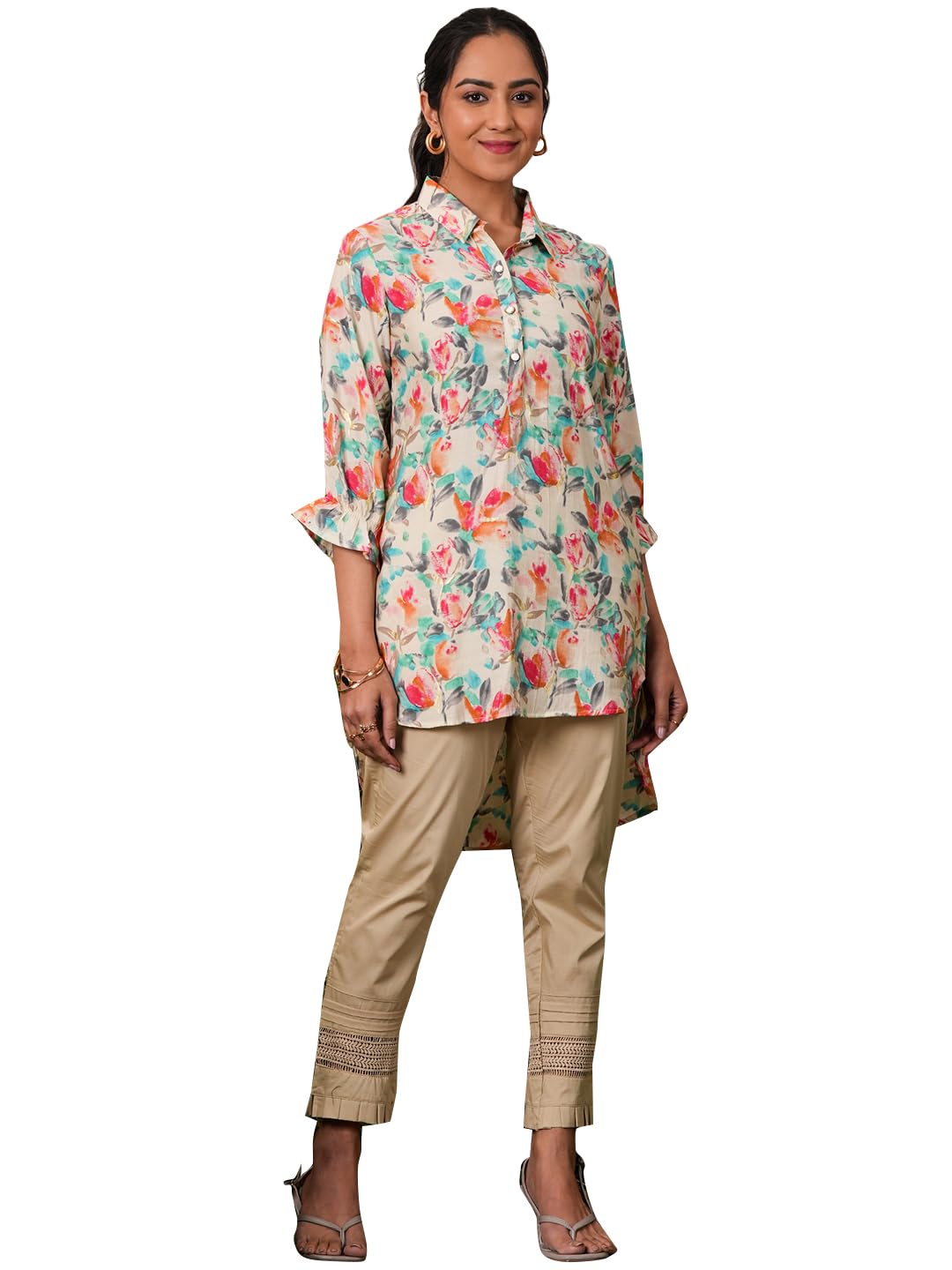 Libas Women'S Silk Blend Printed Pathani Kurtis (37083_Cream