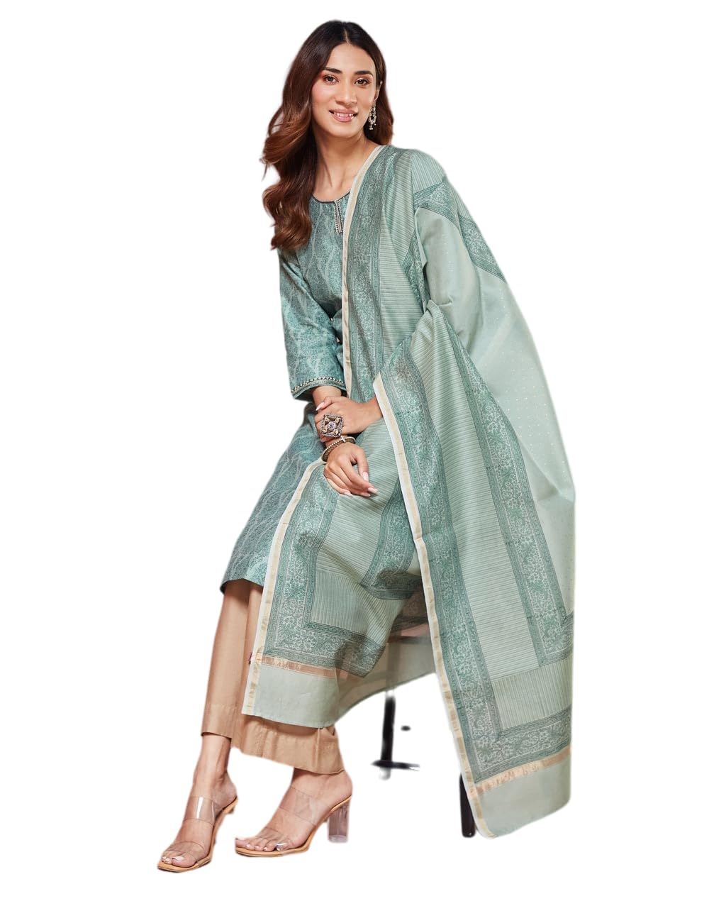 Fabindia Women'S Cotton Silk Printed Regular Fit Kurta Set (1038223Green_Green