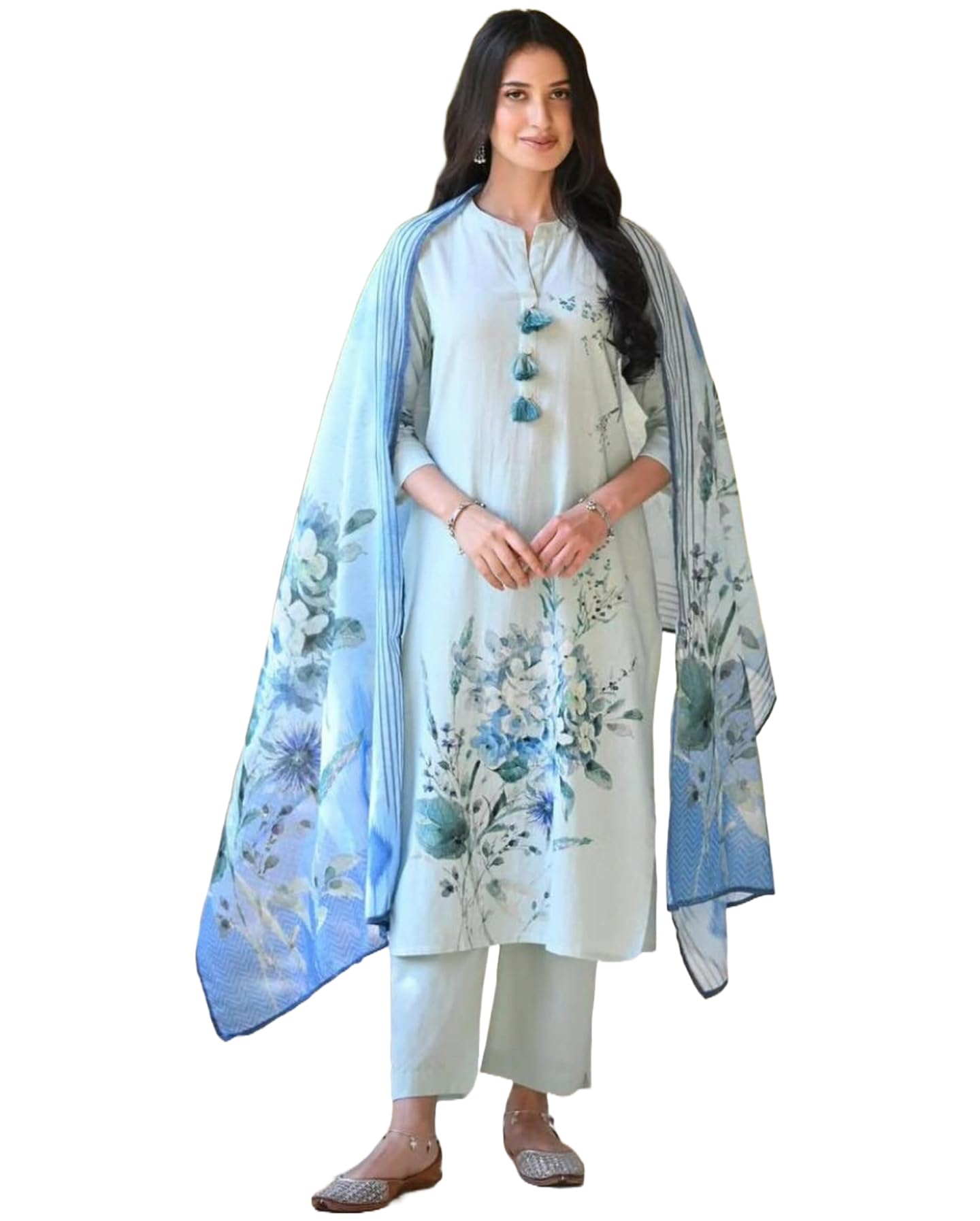 ANNI DESIGNER Womens Cotton Blend Printed Straight Kurta with Pant & Dupatta (Durjan Blue_M_Blue_Medium)