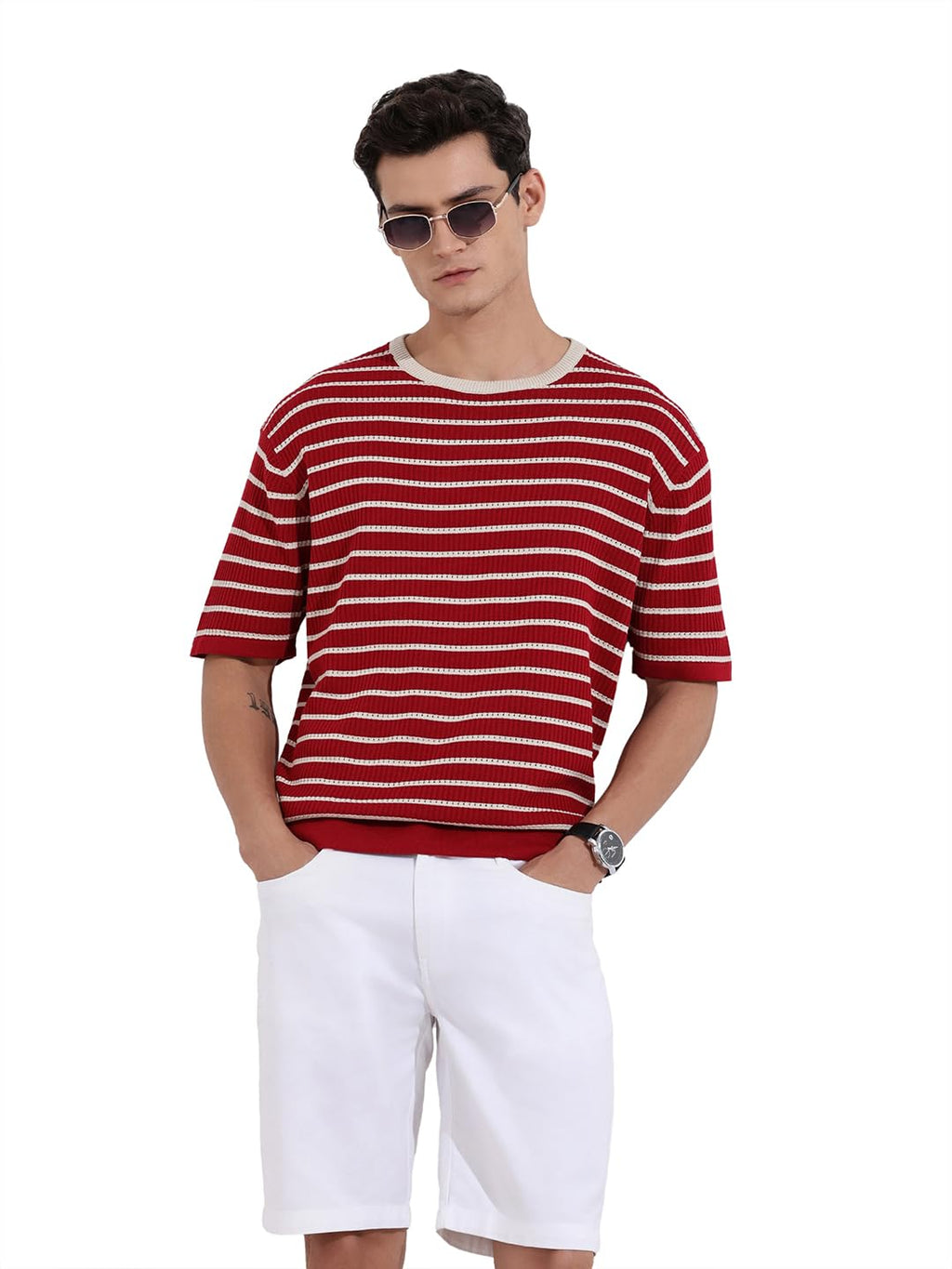 The Indian Garage Co Mens Oversized Fit Textured Half Sleeves Crew Neck Flat Knit Sweater