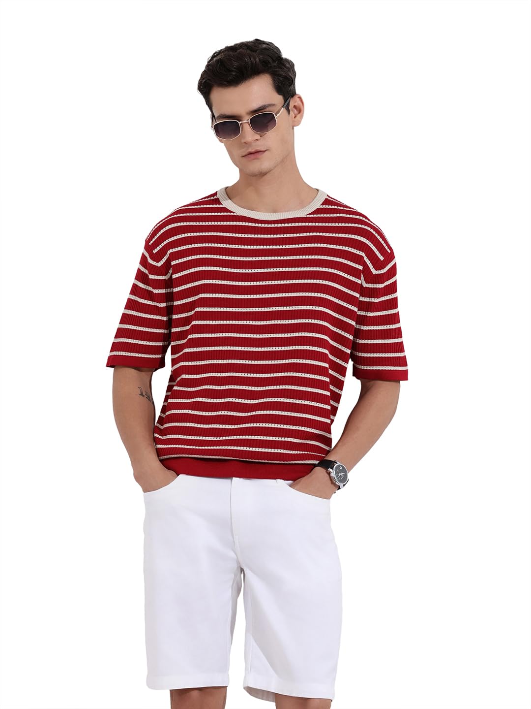 The Indian Garage Co Mens Oversized Fit Textured Half Sleeves Crew Neck Flat Knit Sweater