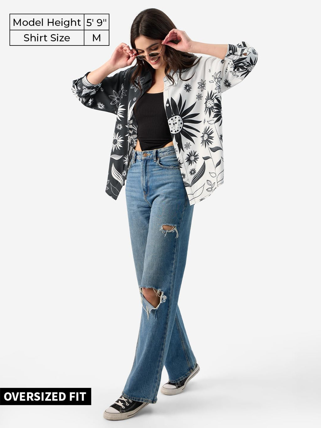 The Souled Store Floral Yin Yang Long Sleeve Collared Neck Button Front Black and White Graphic Printed Boyfriend Shirts for Wom