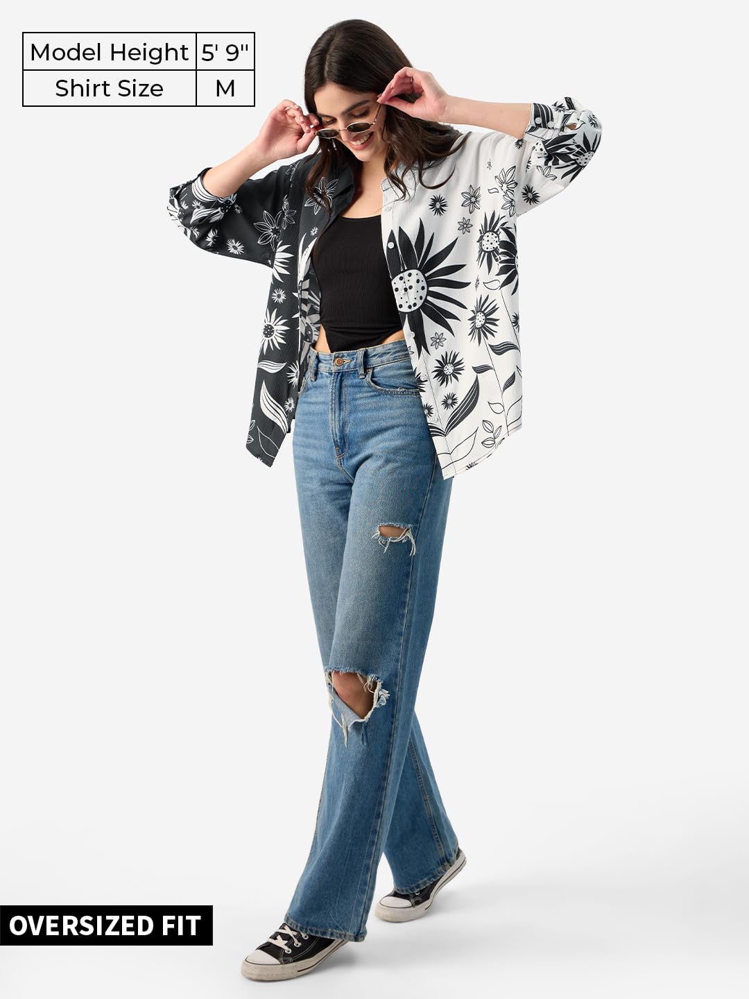 The Souled Store Floral Yin Yang Long Sleeve Collared Neck Button Front Black and White Graphic Printed Boyfriend Shirts for Wom