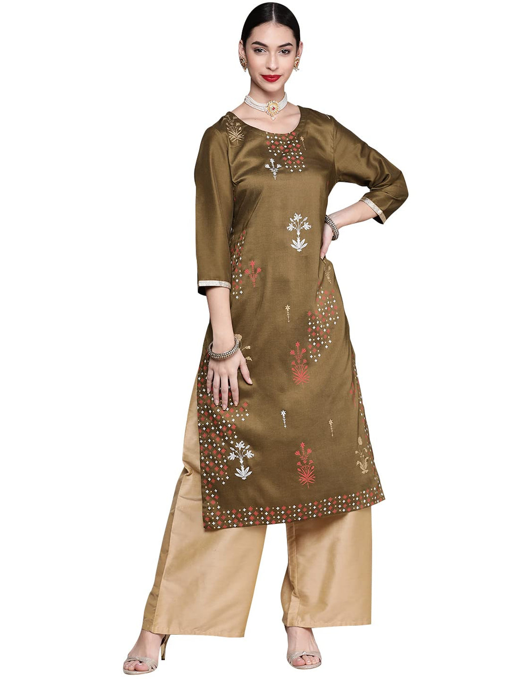 Ziyaa Art Silk Regular Women'S Olive Green Chinon Straight Kurta (Zikuch3698- M)
