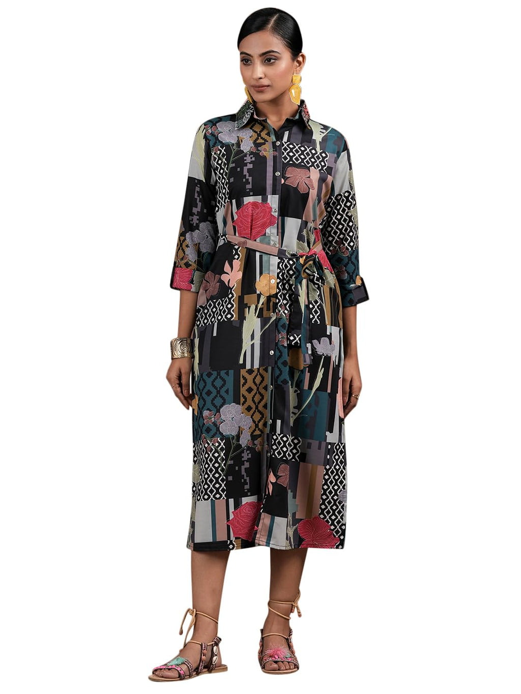 Libas WomenS Crepe Shirt Midi Casual Dress (37189_Multi Multicolour