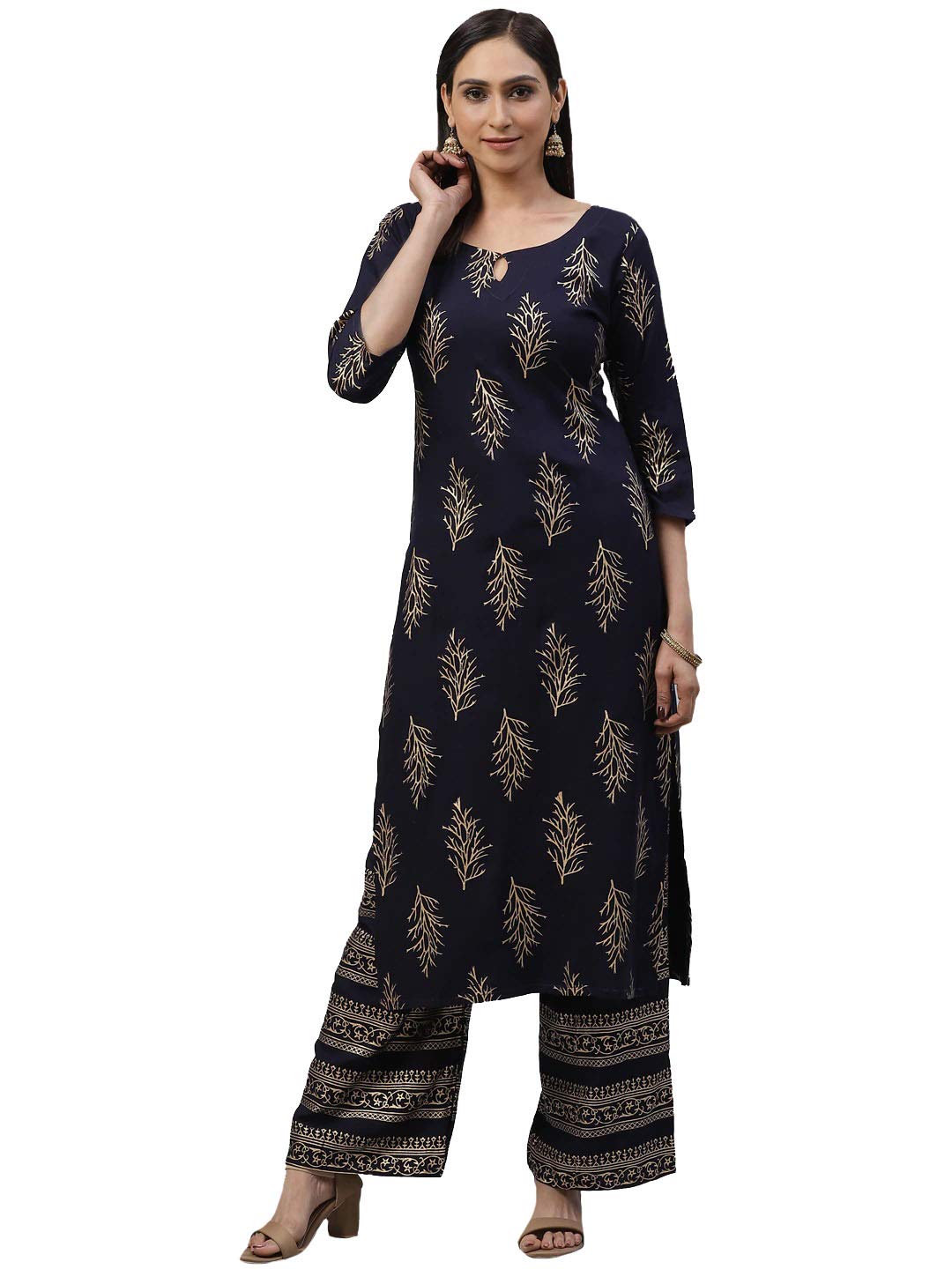 Anni Designer WomenS Rayon Straight Kurta With Palazzo (Navy Blue,S)