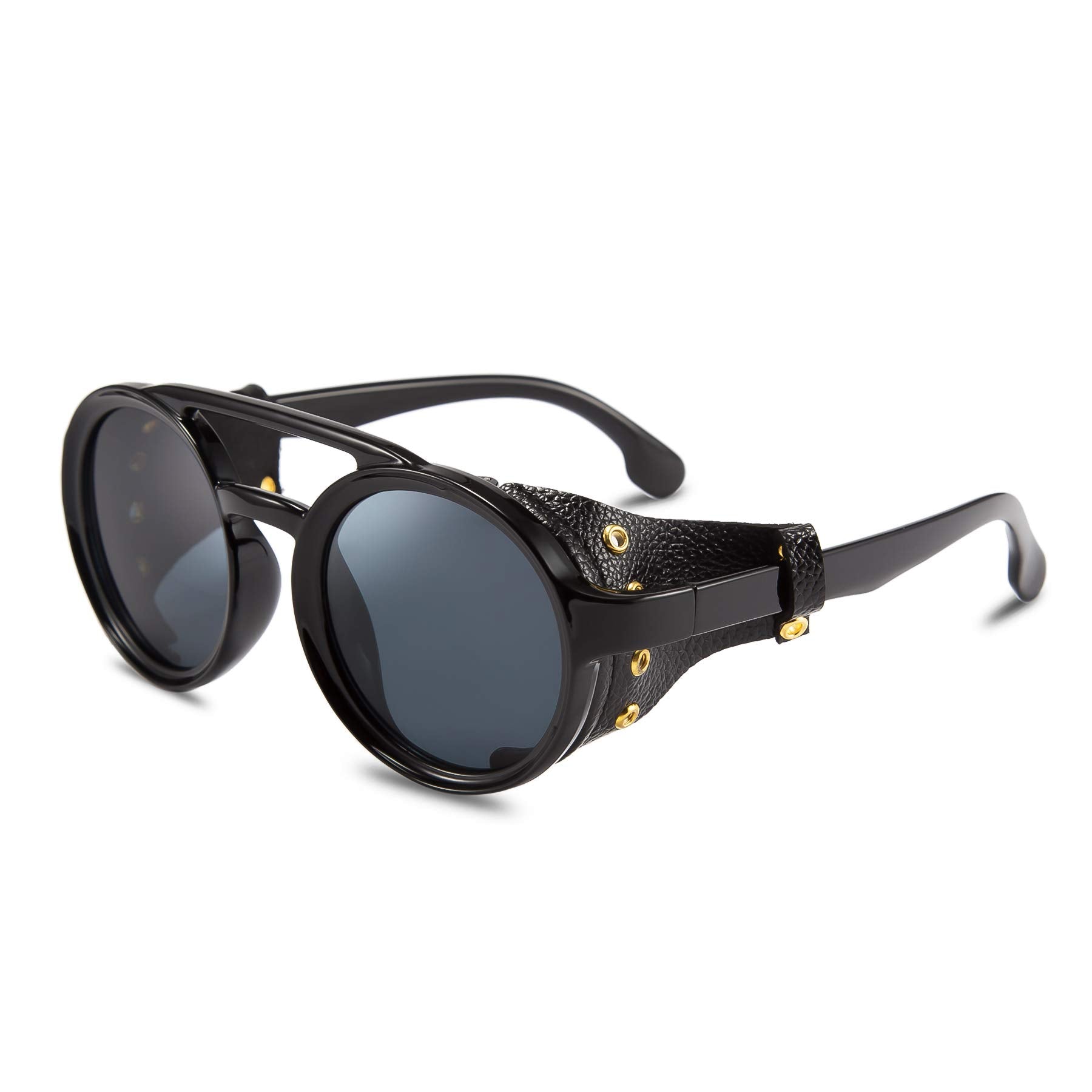 FEISEDY Retro Round Steampunk Sunglasses Women Men Vintage Eyewear Light Plastic Frame with Leatherwear B2532-New Condition