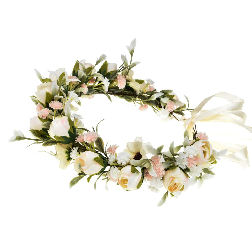 Floral Fall Camellia Flower Crown Rose Headpiece Wedding Bridal Flower Girl Halo Maternity Photo Props FL-03 (Ivory Flower withB