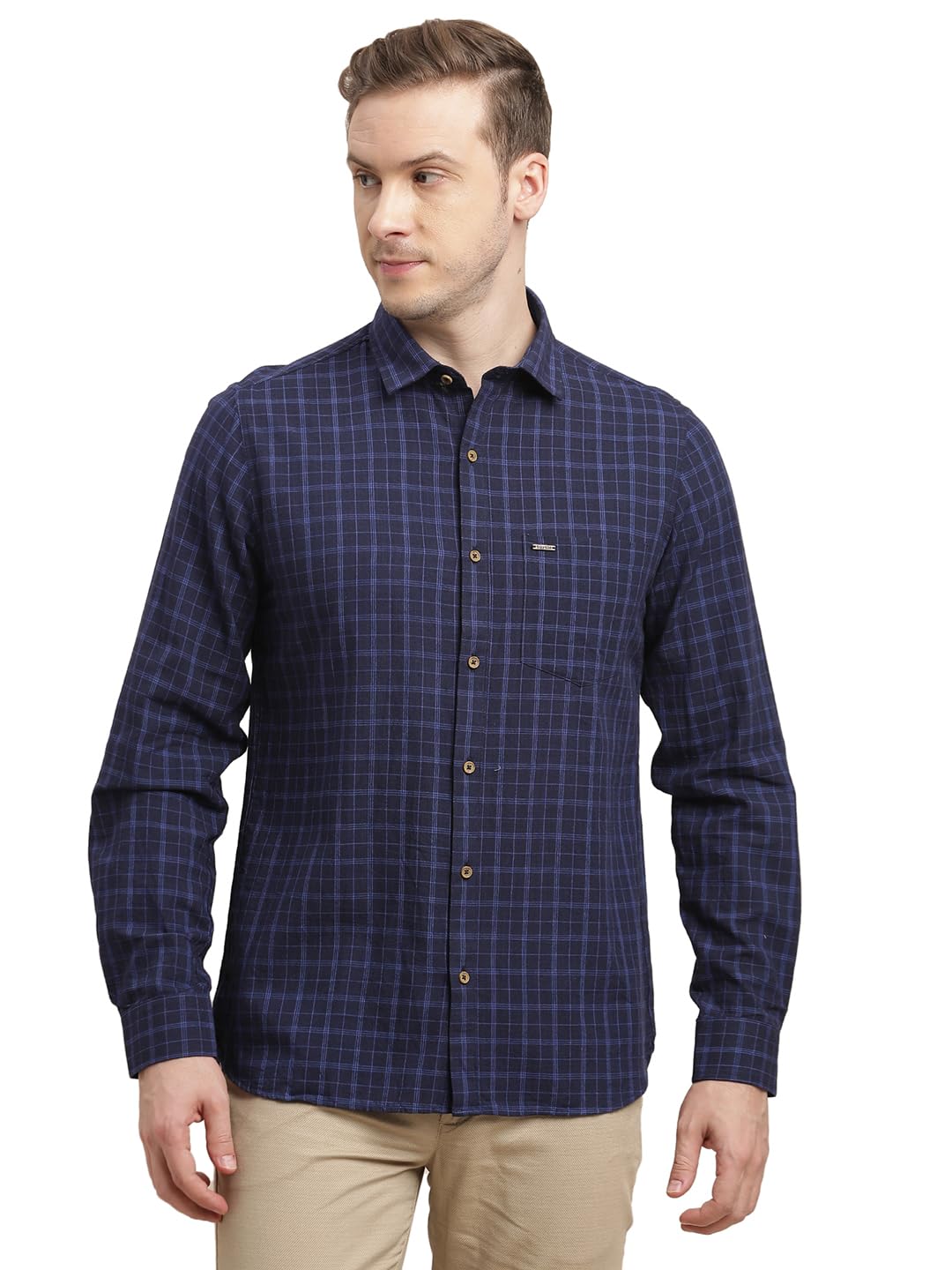 Turtle Men Khadi Slim Fit Blue Checkered Full Sleeve Casual Shirt