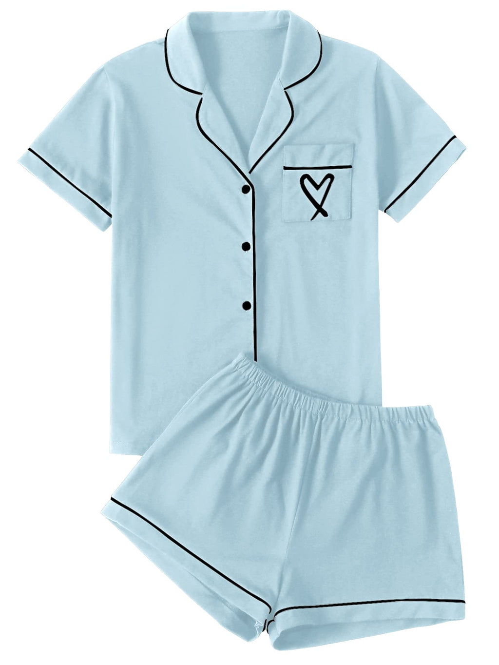 LYANER Women's Pajamas Set Heart Print Button Short Sleeve Shirt with Shorts Sleepwear PJs Set Light Blue X-Large