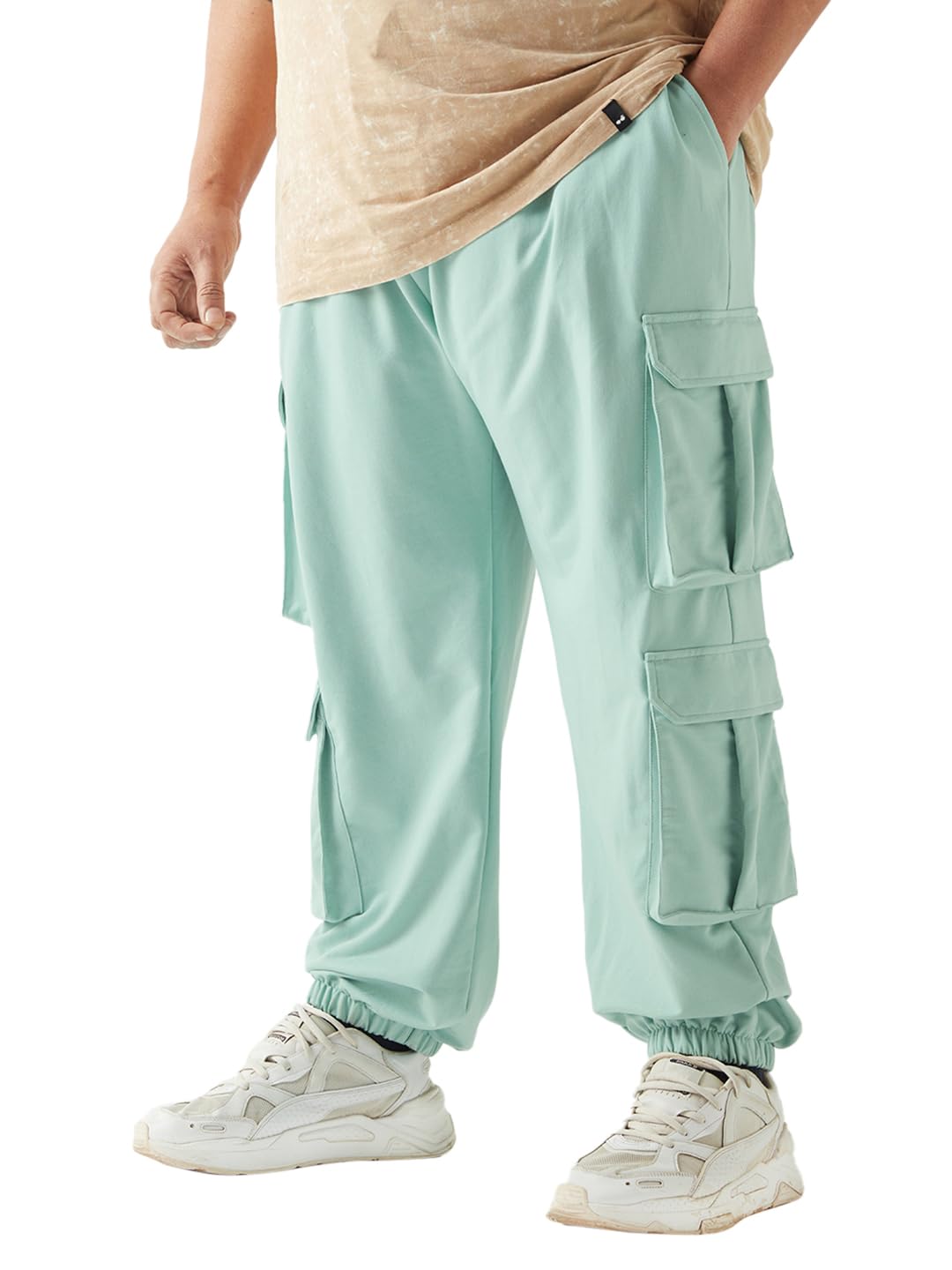 Bewakoof Air 1.0 Mens Solid Super Loose Fit Poly Cotton Plus Size Cargo Joggers_646432_Green_4XL