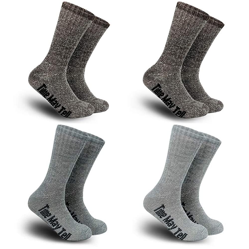 Time May Tell Mens Merino Wool Hiking Cushion Socks Thermal Warm Crew Winter Boot Socks Pack (2Brown,Light Grey,Dark Grey(4 pair